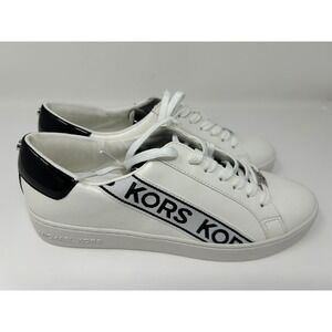 Michael Kors Womens White Leather Logo Tape Sneakers Black Patent Trim Low Top 9